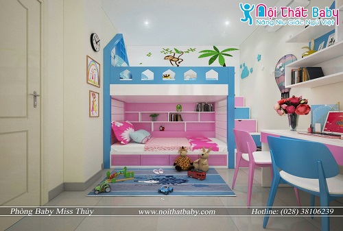 Giường tầng trẻ em màu hồng xanh đẹp